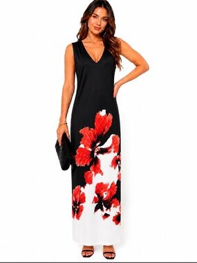 NWT Black Red Floral Sleeveless Maxi Dress Stretch Knit Large
